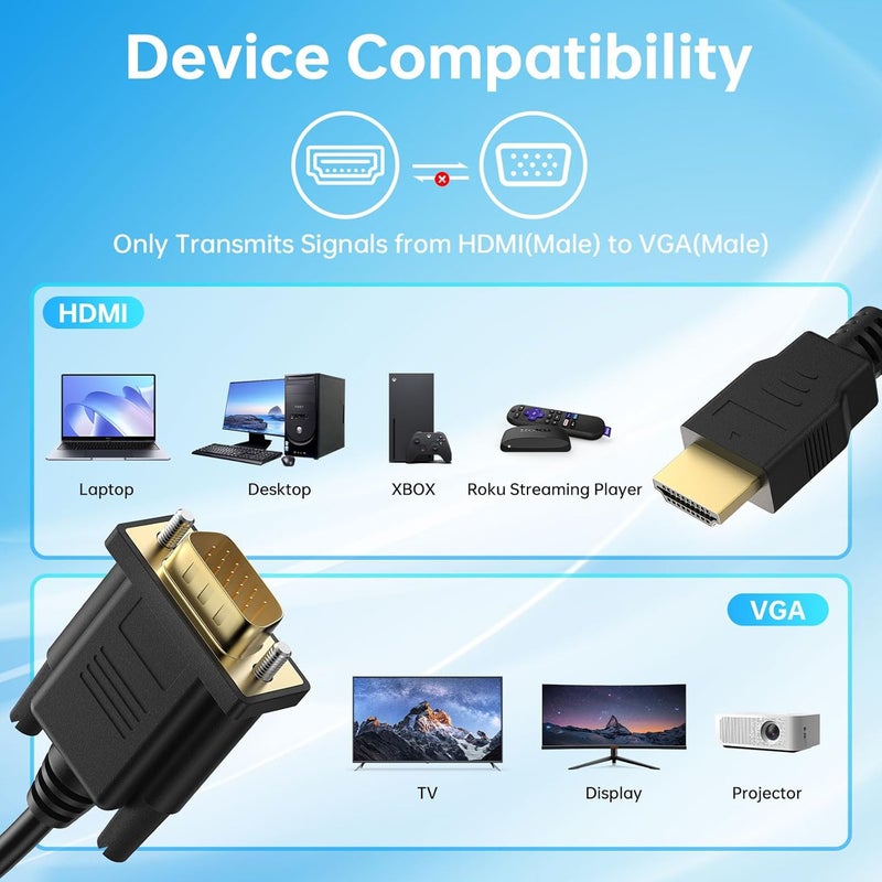 Vanjua HDMI to VGA Cable 6 Feet, Computer HDMI to VGA Monitor Cable 1080P@60Hz Video Cord (Male to Male) Compatible for Computer, Desktop, Laptop, PC, Monitor, Projector, HDTV and More, Uni-Directional - Image 2